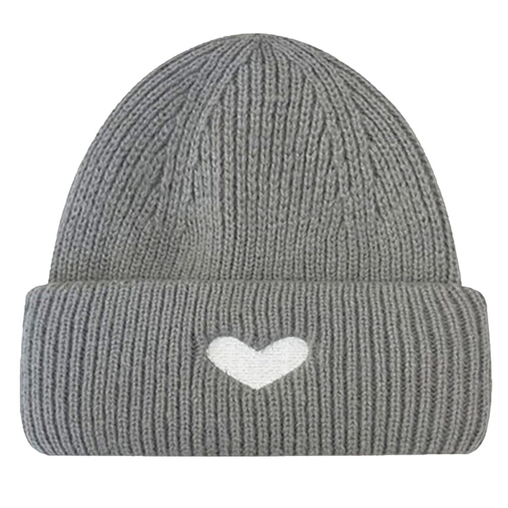 9591 Cute Heart Embroidery Beanie Soft Knitted Hat Grey